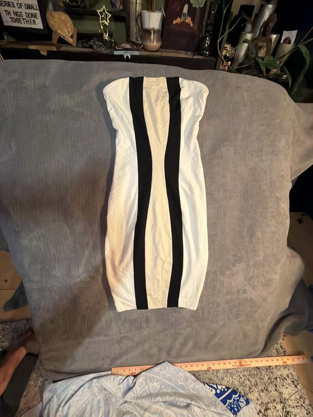Bebe XS Ivory & Black Stripe Strapless Bodycon Cocktail Party Holiday Dress